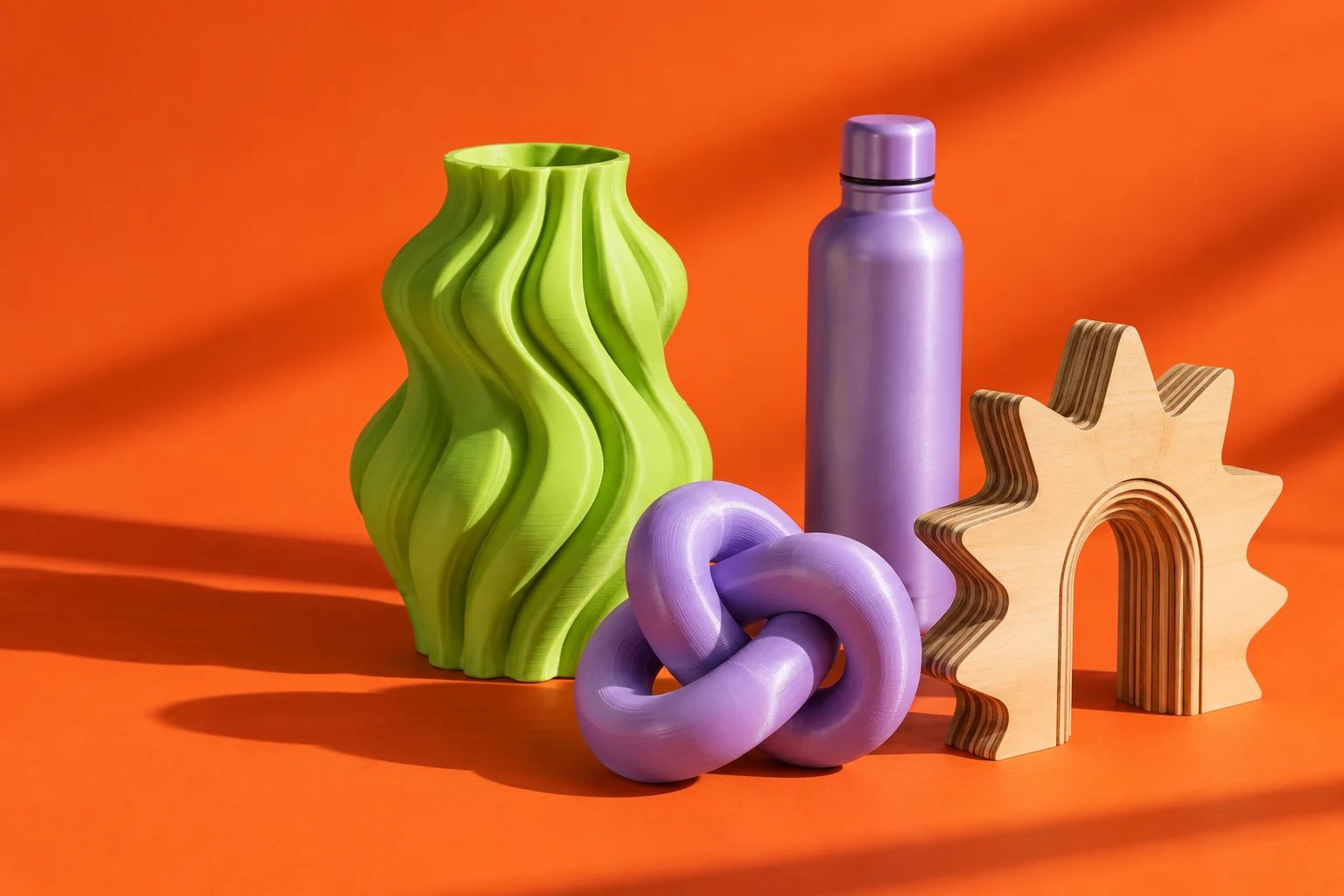 Concept still life: lime 3D printed vase, lilac knot and bottle, and a layered laser-cut plywood arch
